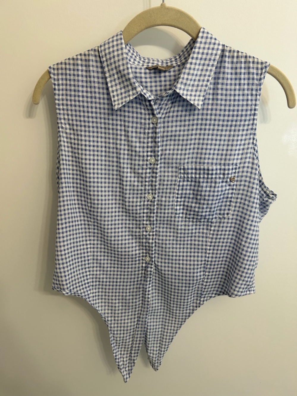 Guess Blue and White Gingham Sleeveless Button Crop Top